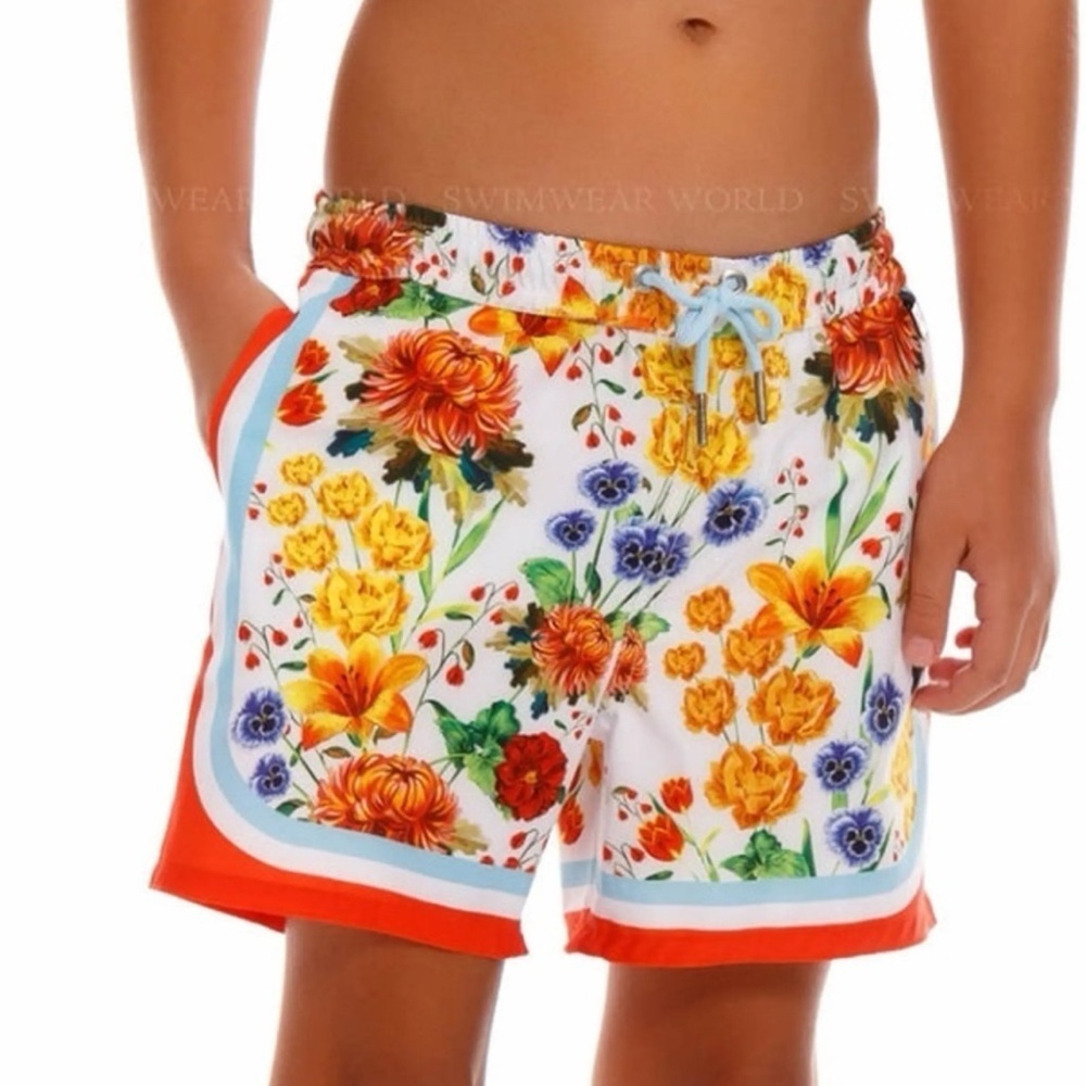 Agua Bendita Floral Swim Shorts with Orange Trim - Picture 2 of 5